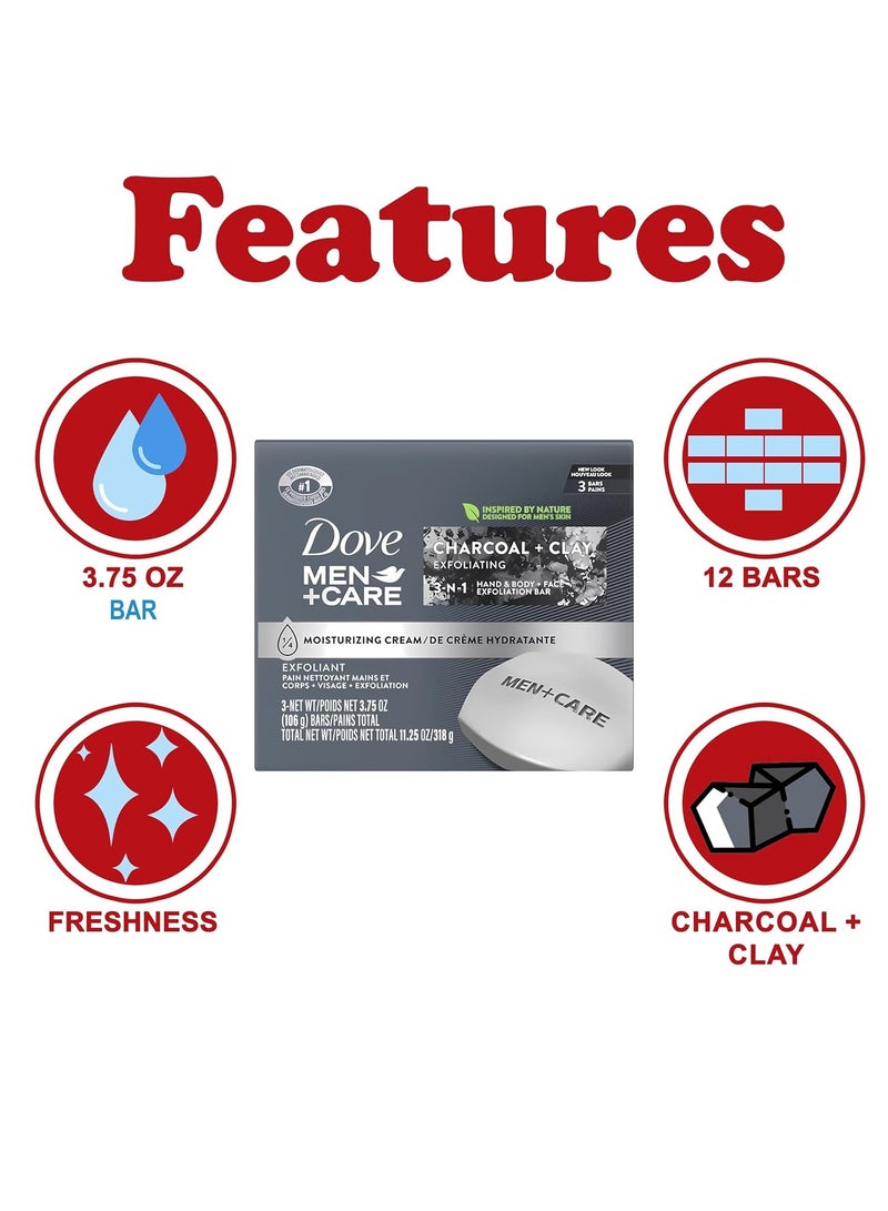 Dove Men+Care 3 Pack 3 in 1 Charcoal + Clay Soap Bar Each 106g Body Face and Hand Exfoliating, Purifying Bar Soaps for Men, Plant Based with Essential Oils, Moisturizes Dry Skin, Clean Scent - Image 2